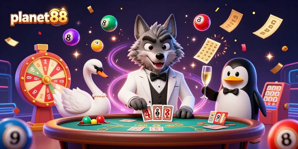 Experience the excitement of planet88 with a vibrant 3D scene of casino characters and game elements.