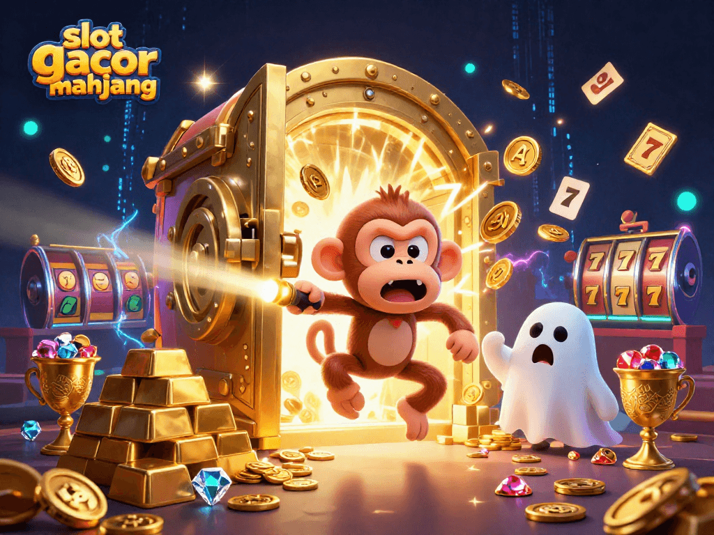 Engage with slot gacor mahjong in a vibrant casino scene featuring golden treasures and playful elements.