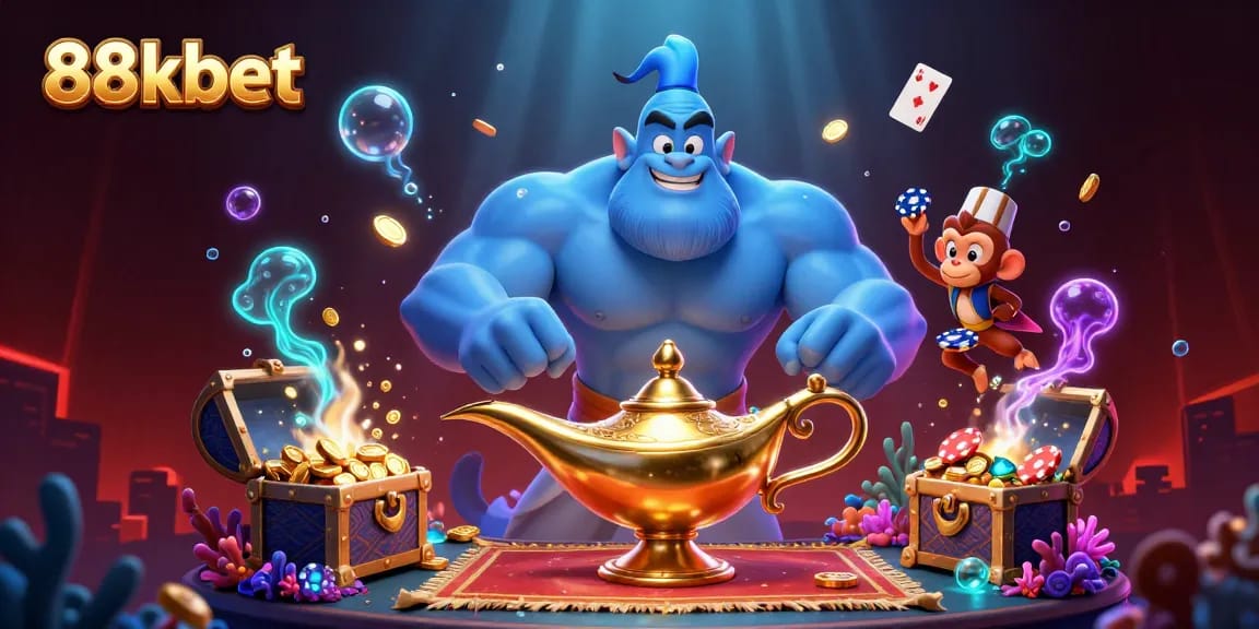 Experience thrilling adventures with 88kbet's dynamic casino illustration featuring an energetic genie and poker chips.