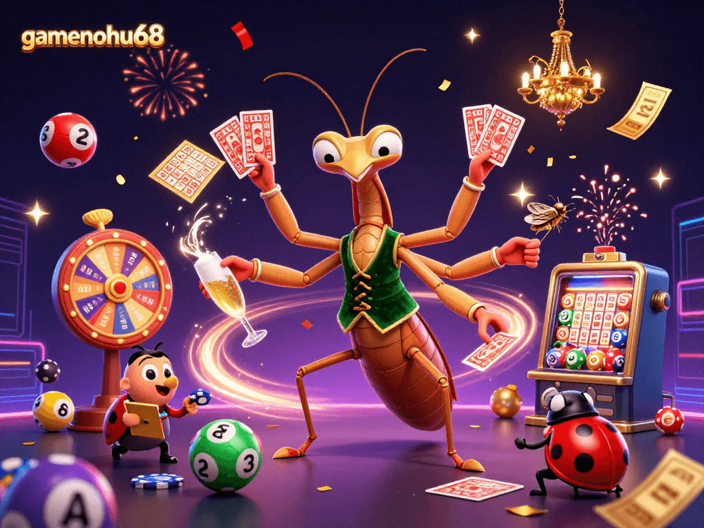 Join gamenohu68 for an exciting casino adventure with vibrant colorful lottery balls and animated characters.