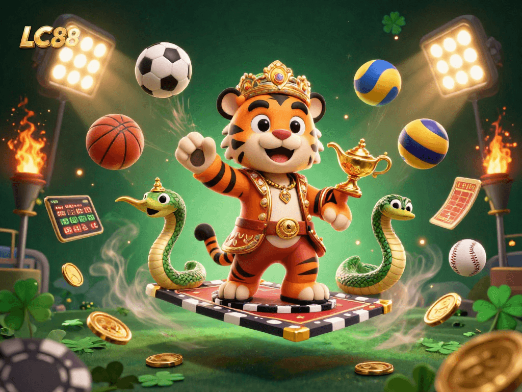 Experience exciting gameplay at LC88 with a vibrant 3D illustration of a sultan, gambling elements, and dynamic visuals.