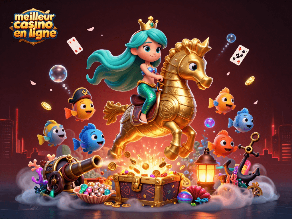 Découvrez le meilleur casino en ligne avec une princesse sirène et des éléments marins colorés.