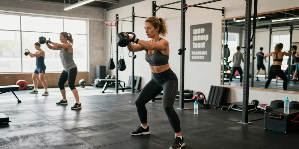 Woman engaging in high-intensity training with kettlebells, emphasizing fitness and wellness through 5-amino-1mq supplementation.