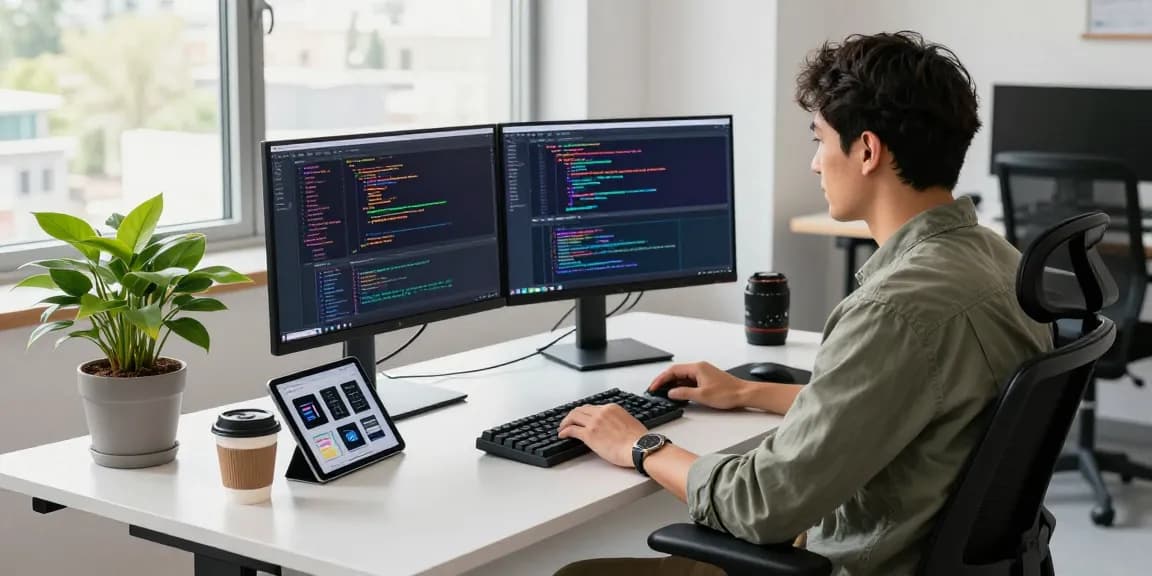 Dynamic tech workspace showcasing bdtjl software development with coding screens and modern gadgets.