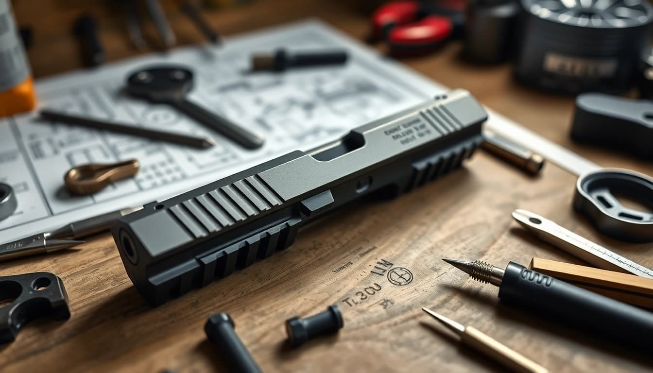 Showcasing a glock 26 slide oem in a detailed workshop setting highlighting its craftsmanship.