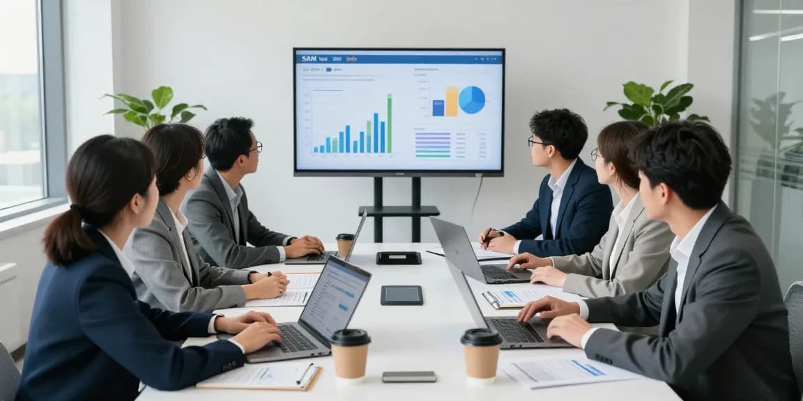 Business professionals analyzing SAM vs SOM data in a modern conference room