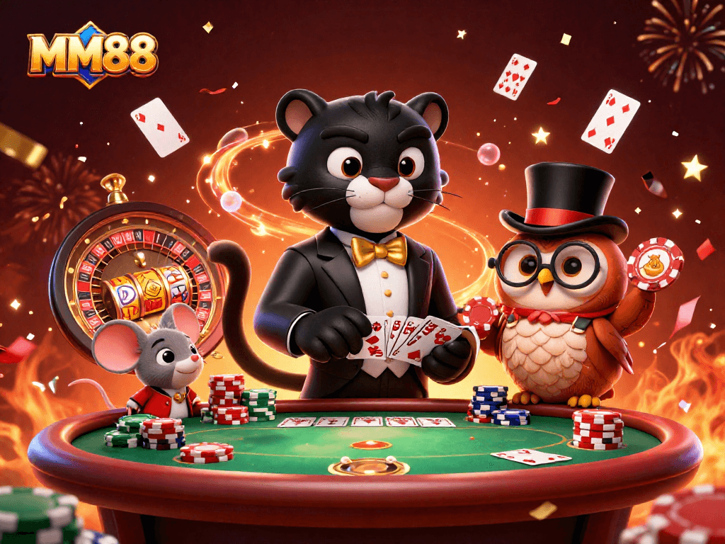 Engage in thrilling MM88 games with stylish characters in a vibrant casino scene