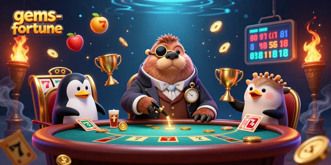 Play exciting slots with gems-fortune at a dynamic underwater poker table featuring whimsical characters.