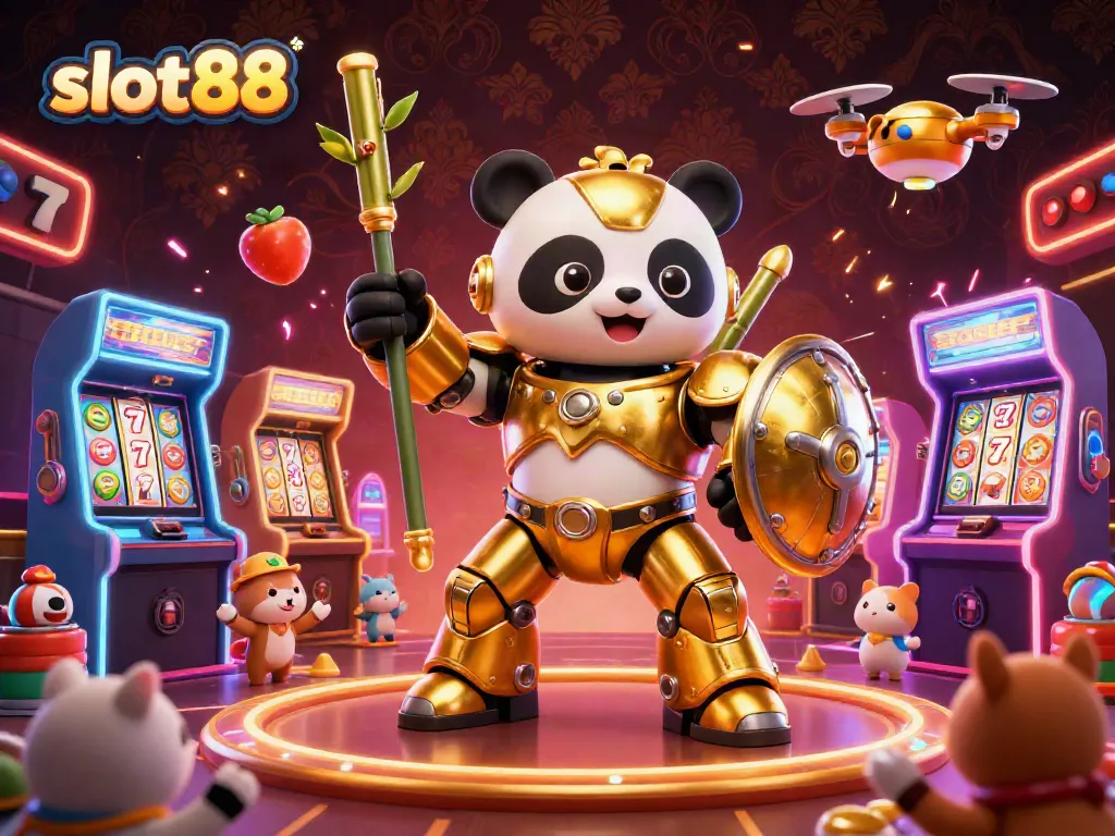 Experience exciting slot gameplay at slot88 with a golden panda battling in a vibrant casino.