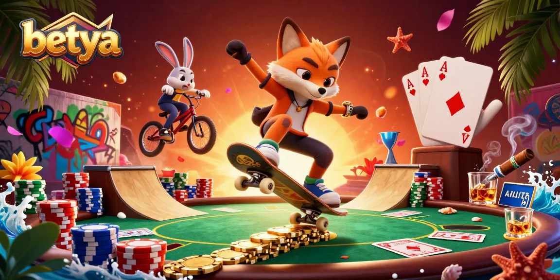 Betya's vibrant casino scene featuring a skateboarder fox and BMX rabbit amidst gaming excitement.