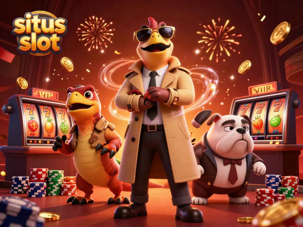 Membeli koin emas besar di situs slot dengan raptor dan bulldog, desain penuh warna.