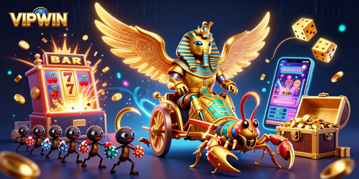 Experience thrilling wins at VIPWIN with a dynamic 3D casino scene featuring vibrant games and characters.