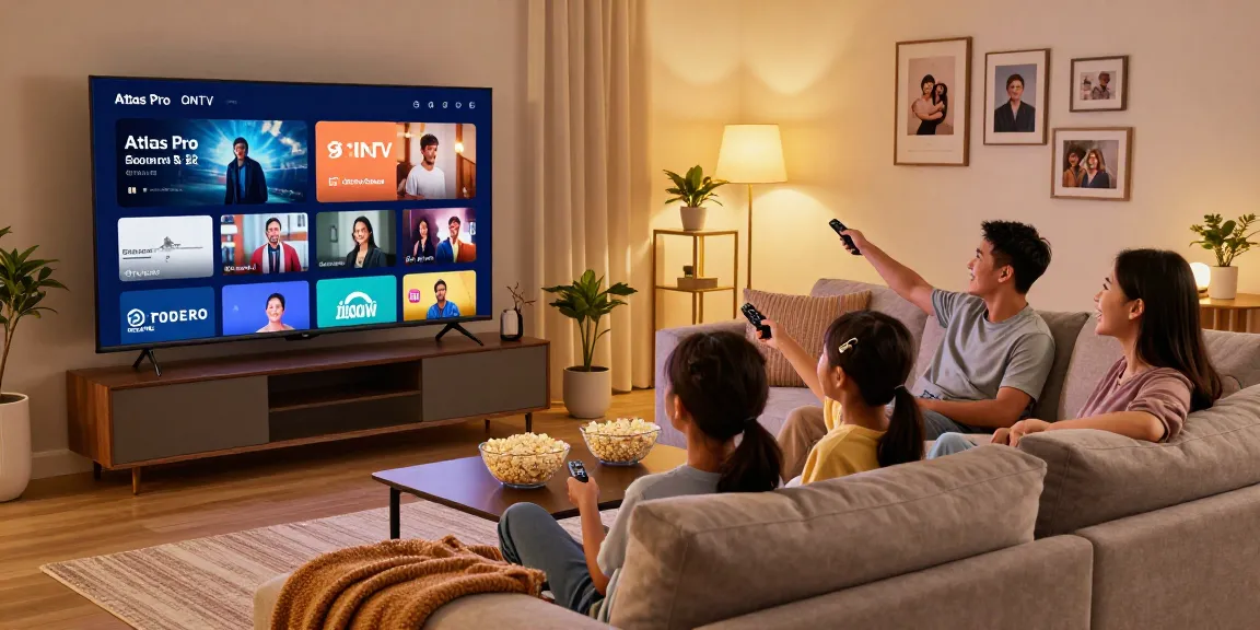 Family enjoying movie night at home with Atlas Pro ONTV streaming service.