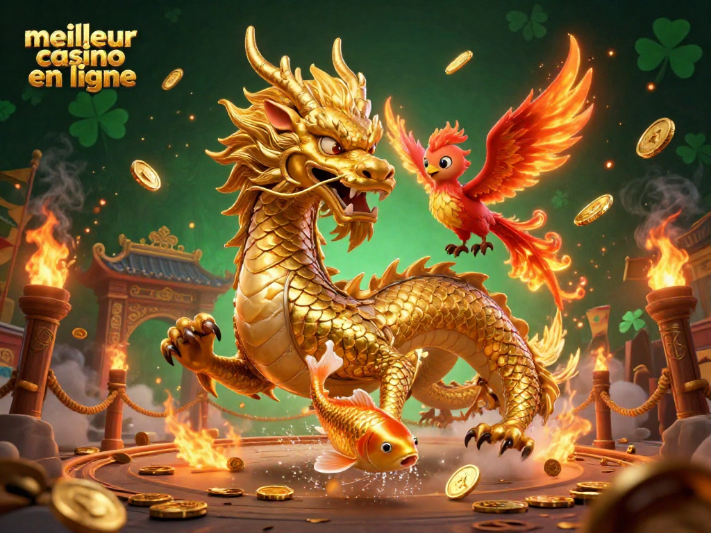 Découvrez le meilleur casino en ligne avec un dragon doré et un phoenix flamboyant dans une scène de jeu captivante.