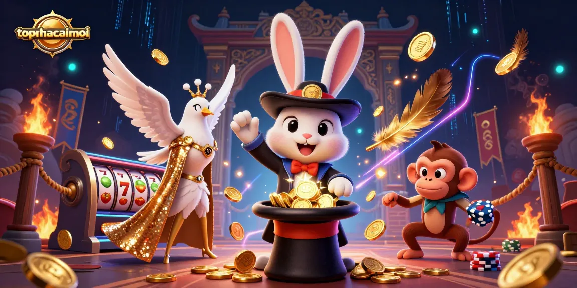 Experience the magic of topnhacaimoi with a 3D wizard rabbit and casino coins in an electrifying scene.