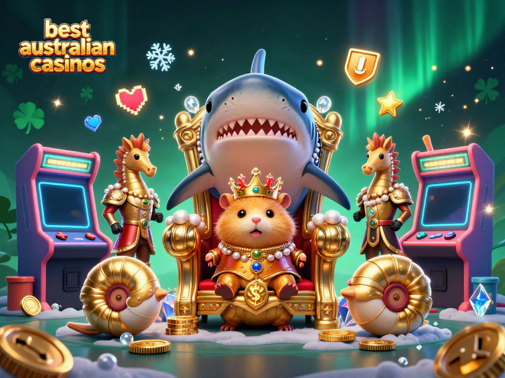Experience the best Australian casinos through a vibrant 3D illustration showcasing a golden hamster king and gaming elements.