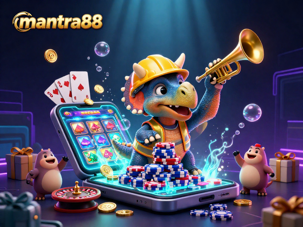 Join the fun at mantra88 with a cartoon triceratops and companions in a vibrant casino scene.