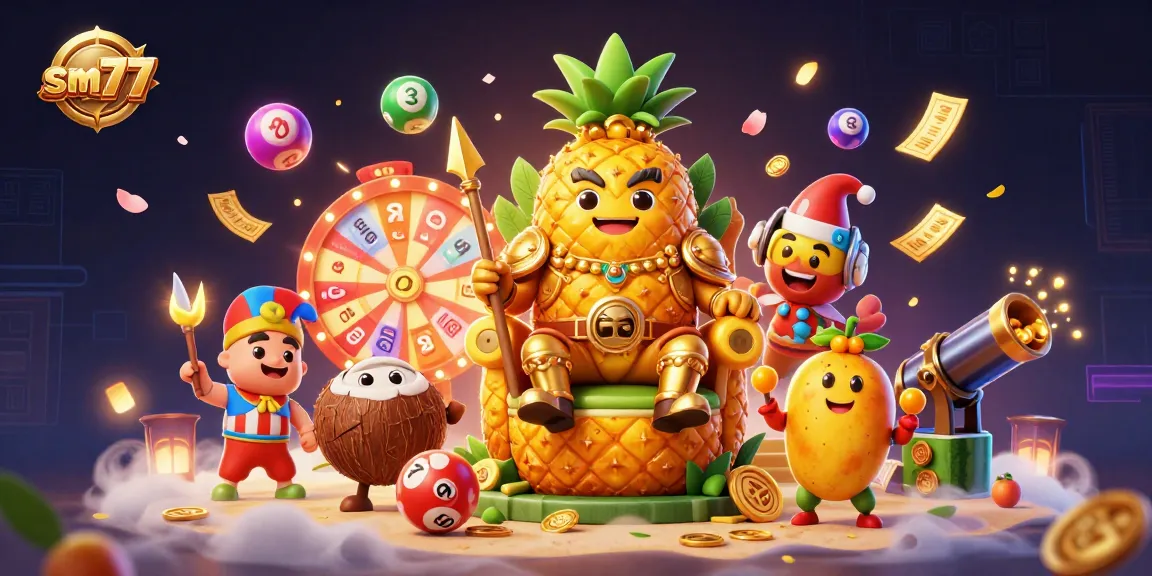Engage with thrilling games at sm77's beach casino, featuring the golden pineapple king and colorful lottery elements.