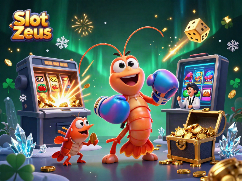 Experience Slot Zeus action with vibrant shrimp characters and a vivid slot machine scene.