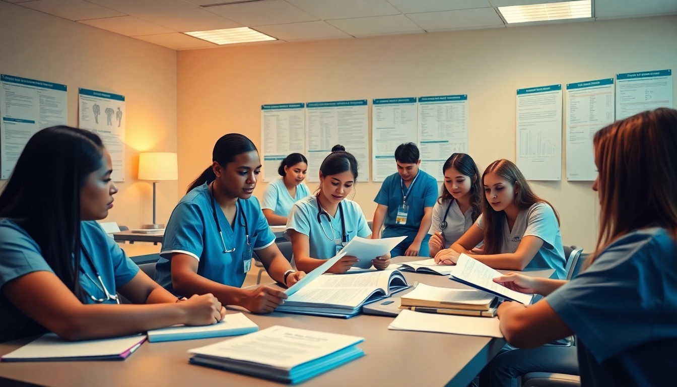 Students collaborating at the Houston Trusted NCLEX review center, preparing for their nursing exams.