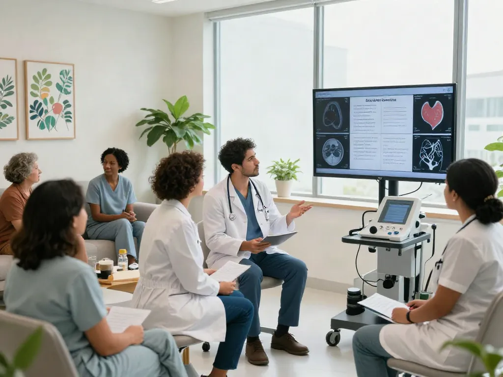 Healthcare professionals discussing thyroid treatment in Abu Dhabi in a modern clinic.