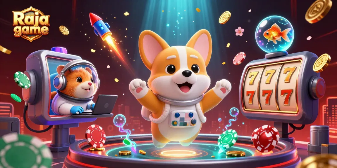 Engage with Raja game in a vibrant casino scene featuring a floating corgi and dynamic game elements.