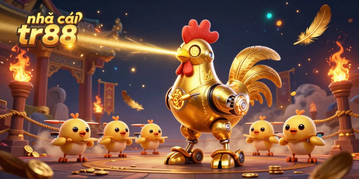 Engage with nhà cái tr88 in this vibrant 3D illustration featuring a golden rooster robot and drones amid dynamic gambling action.