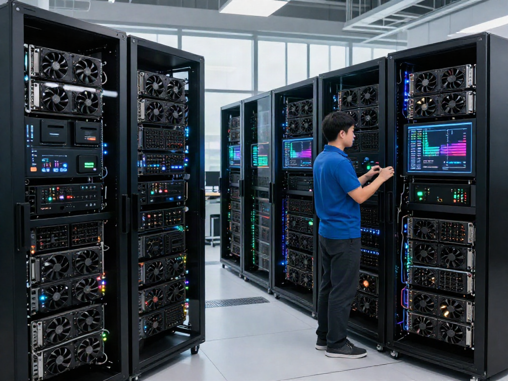 GPU computing infrastructure in a modern data center with technicians managing high-performance systems.