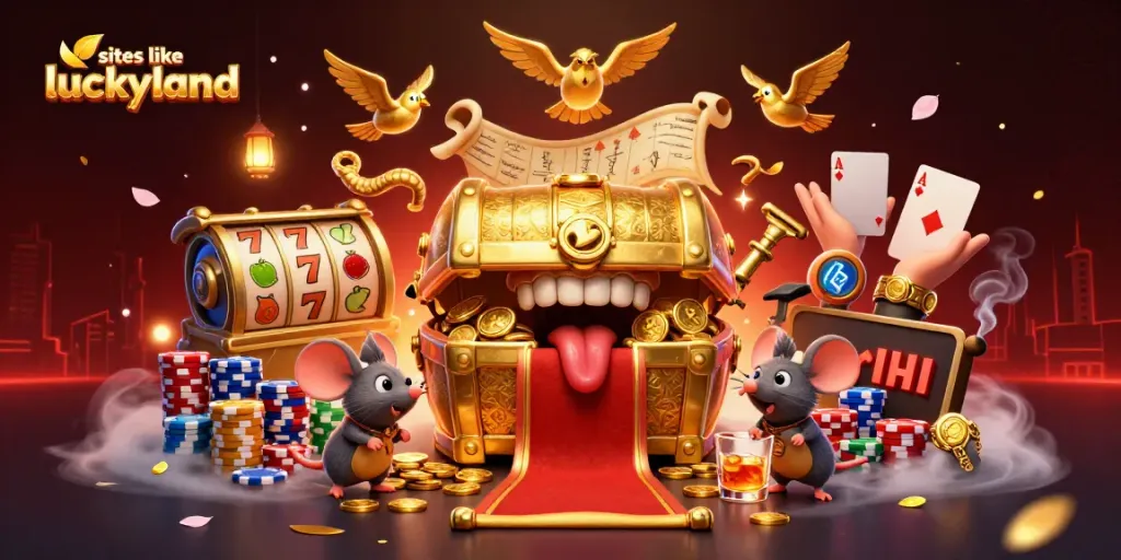 Spin the reels at sites like LuckyLand and uncover hidden treasures in our vibrant casino illustration.