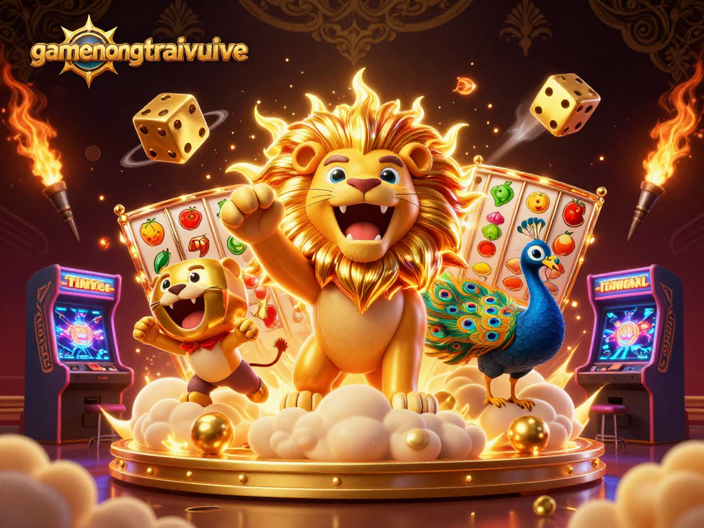 Experience big wins with gamenongtraivuive in this dynamic 3D casino scene featuring slot elements.