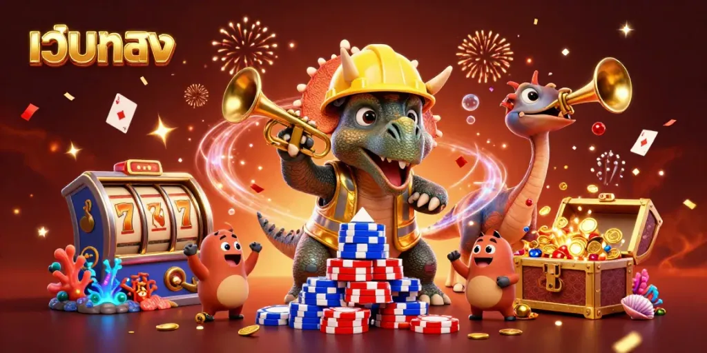 Experience the excitement of เว็บตรง gaming with a dynamic 3D illustration featuring vibrant, cartoonish characters and casino elements.