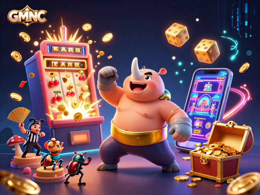Experience thrilling moments with GMNC's vibrant 3D illustration featuring a sumo champion beetle and a jackpot.