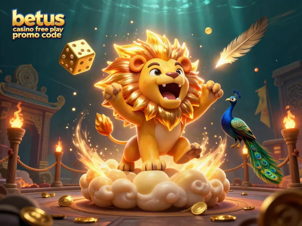 Engage with the betus casino free play promo code in this vibrant 3D scene of a roaring lion, golden dice, and royal imagery.