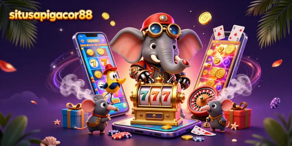 situsapigacor88 spins a golden slot machine while a clockwork bird assists in this vibrant casino scene.