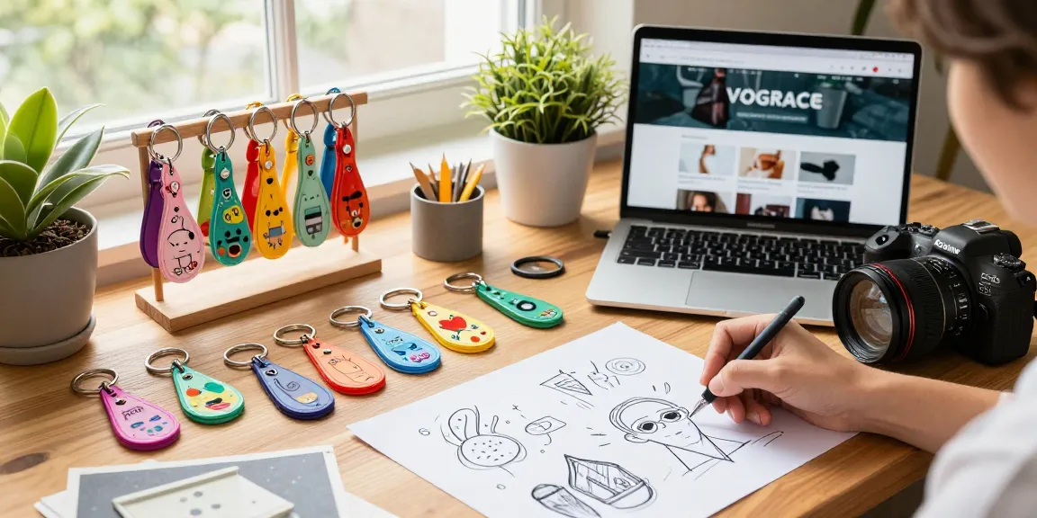 Personalized keychains displayed on a table with a designer sketching custom ideas.