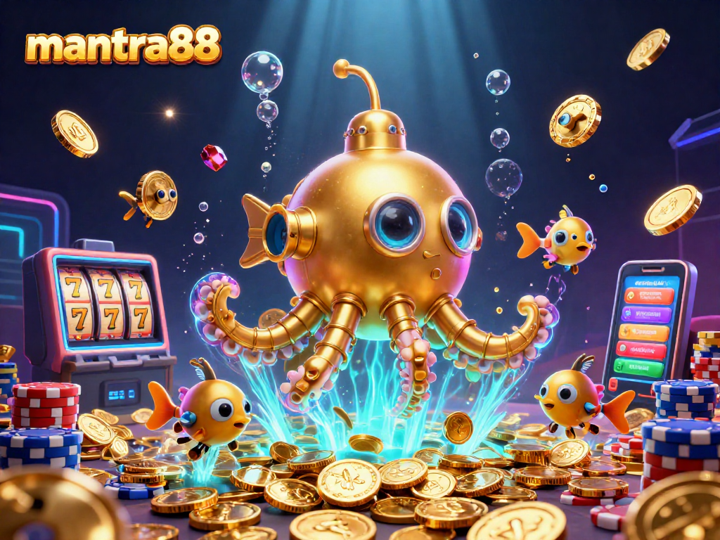 Win big with mantra88 in this vibrant 3D casino-themed illustration showcasing golden kraken and slot machines.