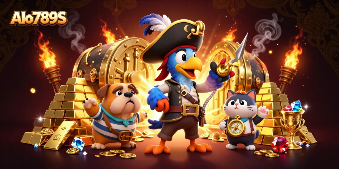 Alo789S presents an exciting casino scene with a pirate captain, bulldog, and cat amidst treasure and gold elements.
