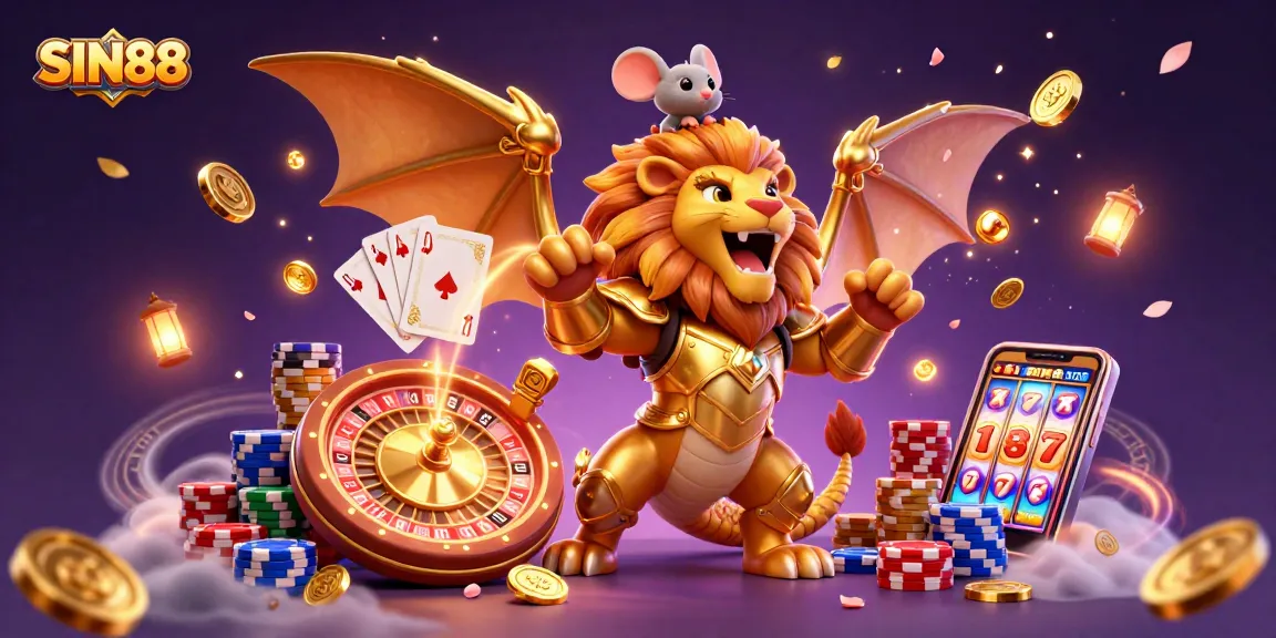 SIN88 showcases a triumphant chimera and mouse jockey amidst cascading coins and vibrant casino elements.