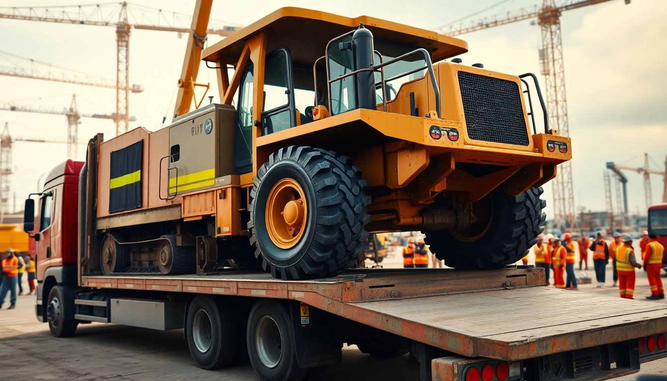 Loading heavy machinery for equipment transportation at a construction site, showcasing industry's efficiency.