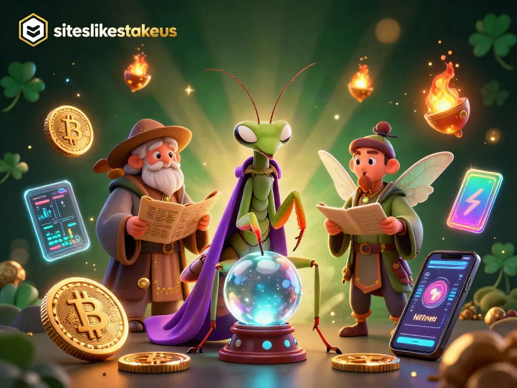 Experience thrilling gameplay on siteslikestakeus with vibrant 3D casino illustrations showcasing digital currencies and fortune-telling elements.