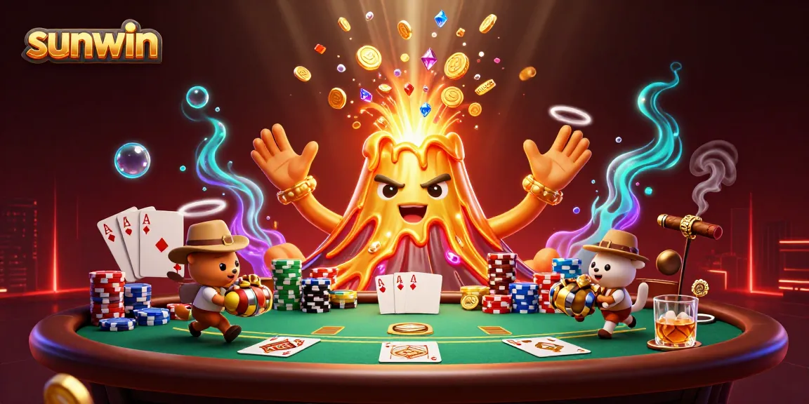 Experience the excitement of sunwin with a vibrant poker scene featuring a golden volcano erupting treasure.