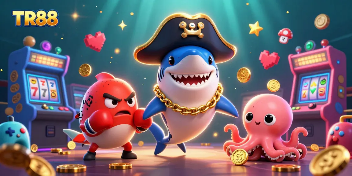 Experience TR88 Casino with pirate shark, pufferfish, and treasure octopus in vibrant 3D illustration.