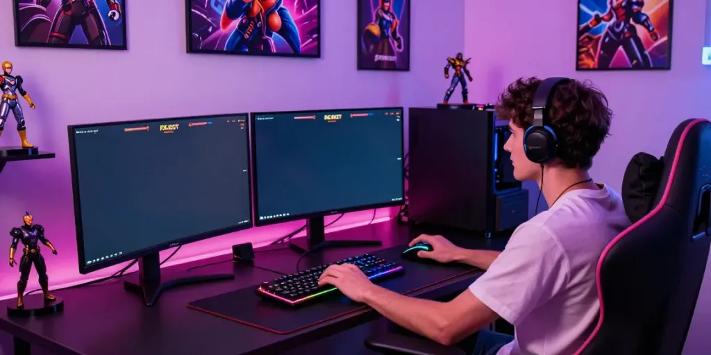 A vibrant gaming setup showcasing PG SLOT games on a gaming monitor, with RGB keyboard and gaming memorabilia.
