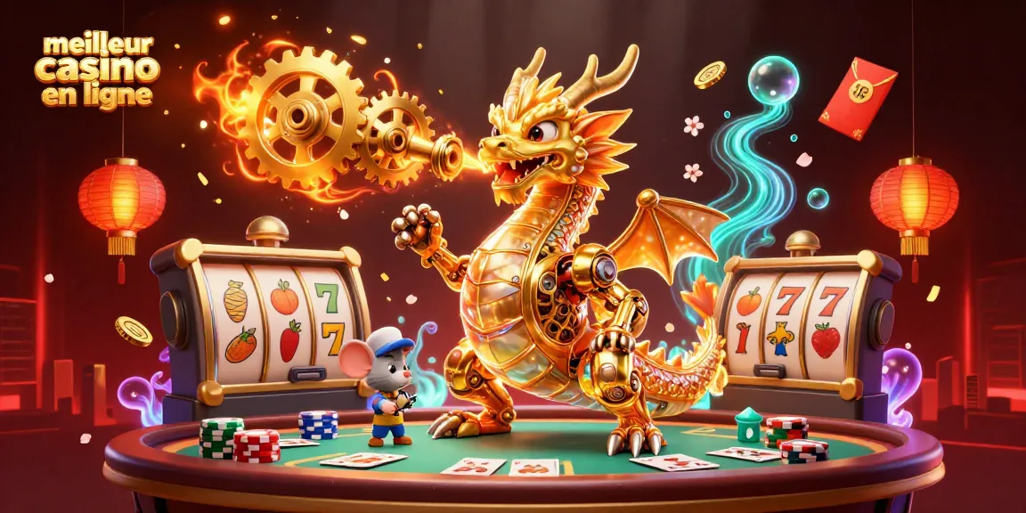 Découvrez le meilleur casino en ligne avec un dragon mécanique et des éléments de jeu colorés.