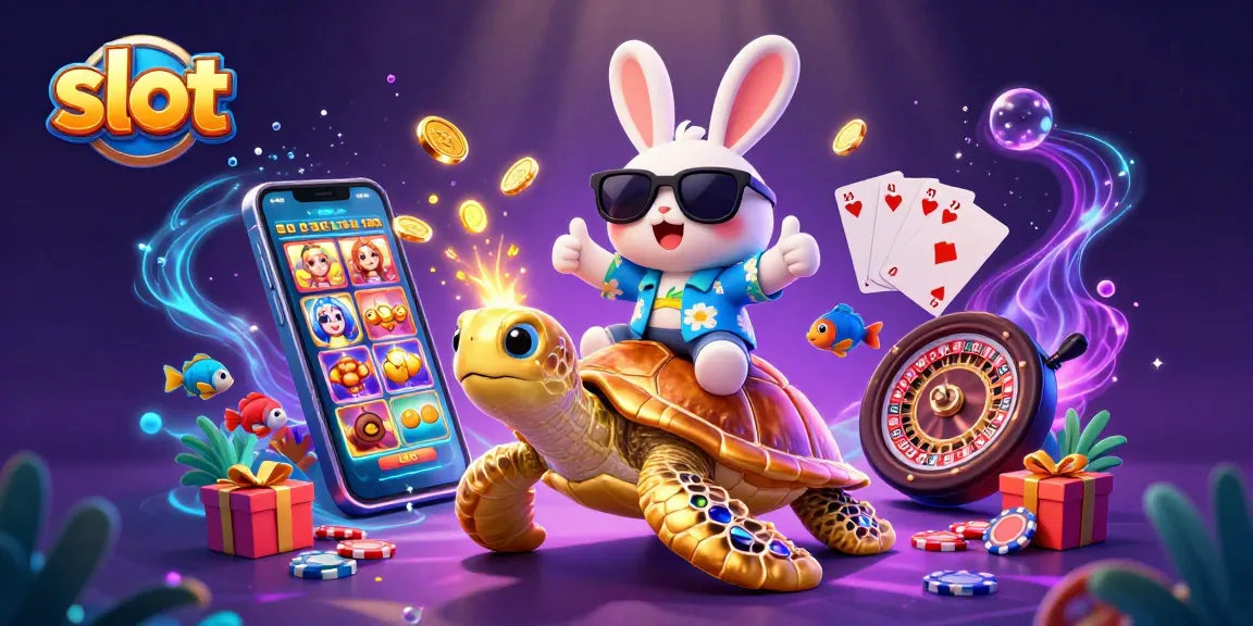 Mencoba slot gacor online di situs 389SPORTS, dengan karakter kelinci keberuntungan dan kura-kura emas yang dikelilingi slot game.