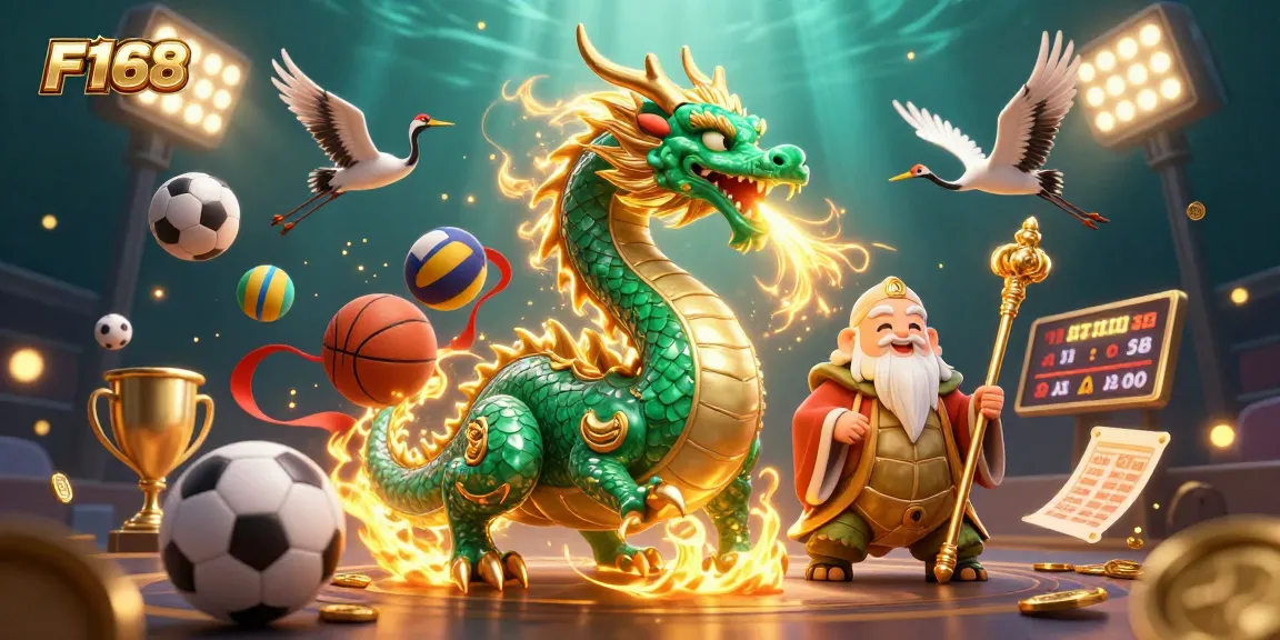 F168 platform showcases a vibrant casino scene with a dragon, turtle sage, and lucky cranes, highlighting energetic gameplay.