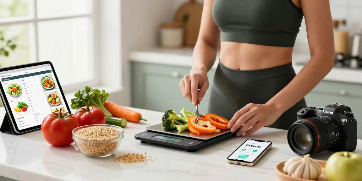 Person using best calorie tracking apps while preparing healthy meal in a vibrant kitchen.