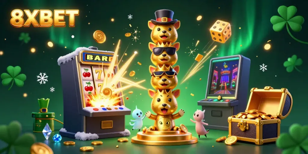 Experience the thrilling world of 8XBET with a vibrant illustration of a golden totem pole amidst a jackpot explosion and casino elements.