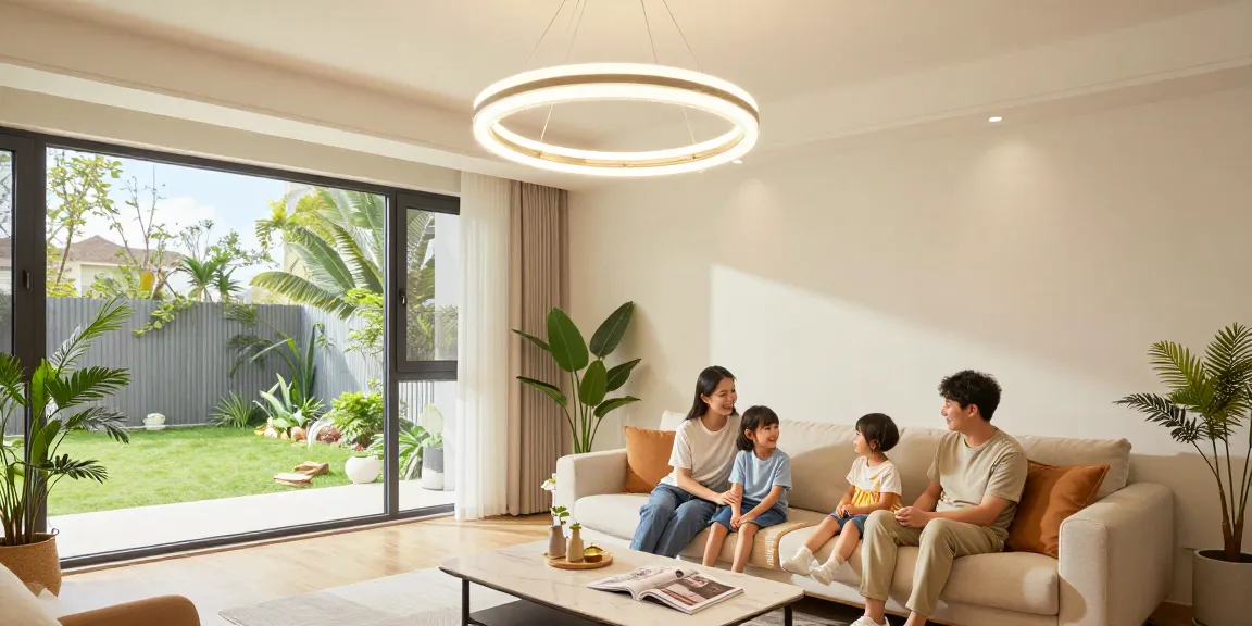 Lustre LED elegante într-un living modern, familie relaxându-se, decor cozy și lumină caldă.