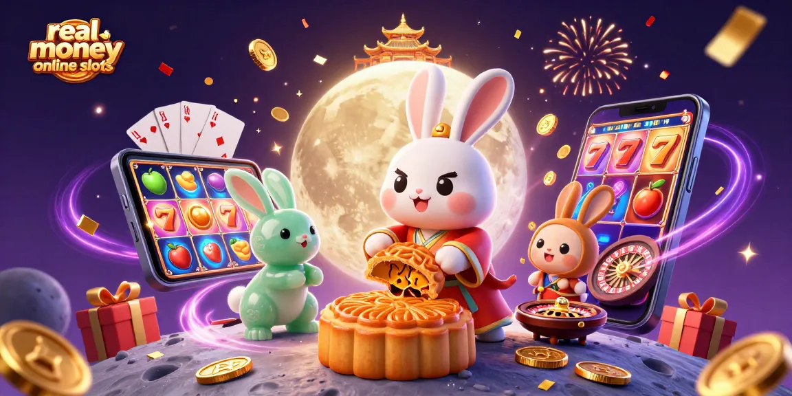 Experience real money online slots action with a playful moon rabbit and gambling elements.